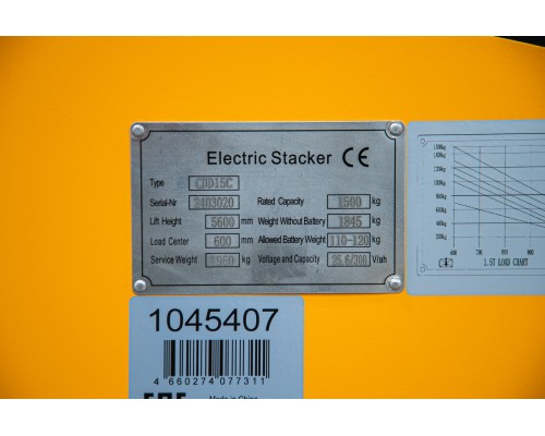 Штабелер самоходный 1,5 т 6,5 м TOR CDD15C Li-ion с кабиной 24/300 В/Ач 1045407